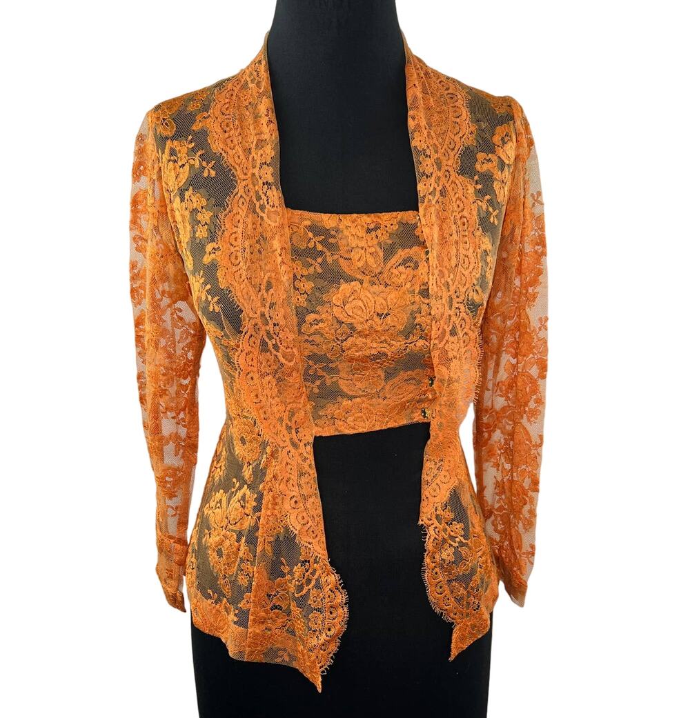 VINTAGE Orange Sheer Lace Scalloped Edge Long Sleeve Bandeau w/ Attached Jacket